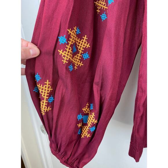 Hayden Los Angeles Women's M Burgundy Embroidered Tassel Tie Boho Blouse - Picture 2 of 6